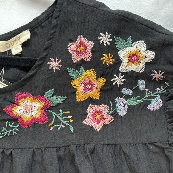 ODDY Peasant Top Black Embroidered Boho Indie Hipster Summer Blouse - Picture 2 of 9